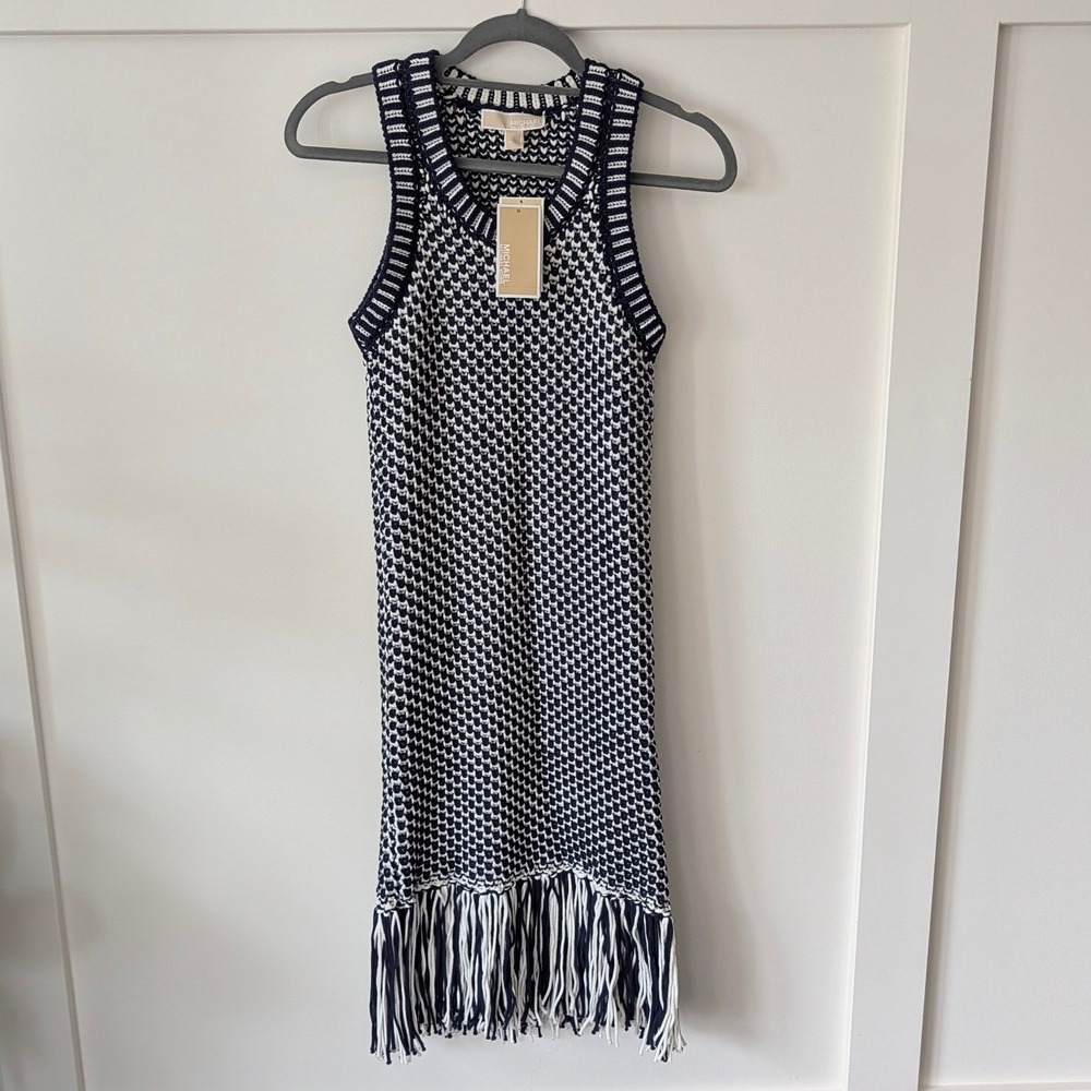 Michael Kors Crochet Fringe Sleeveless Dress, Navy/White, Small NWT